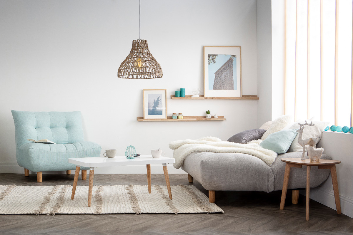 Sof convertible diseo escandinavo gris y roble YUMI