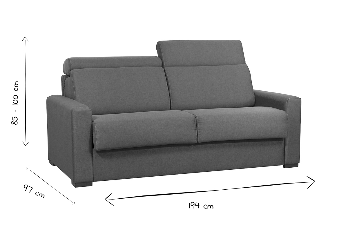 Sof convertible gris claro con colchn 18 cm y reposacabezas ajustables NORO