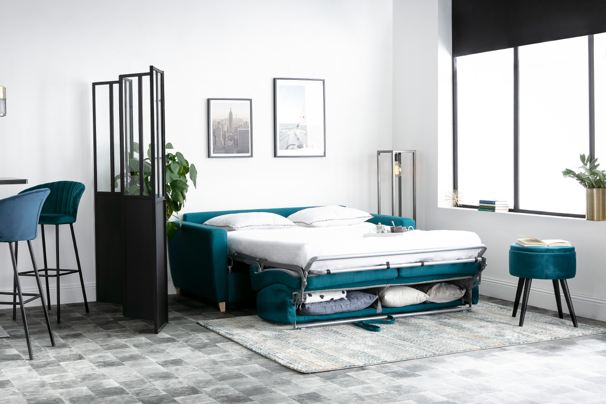 Sof convertible nrdico azul petrleo y madera GRAHAM