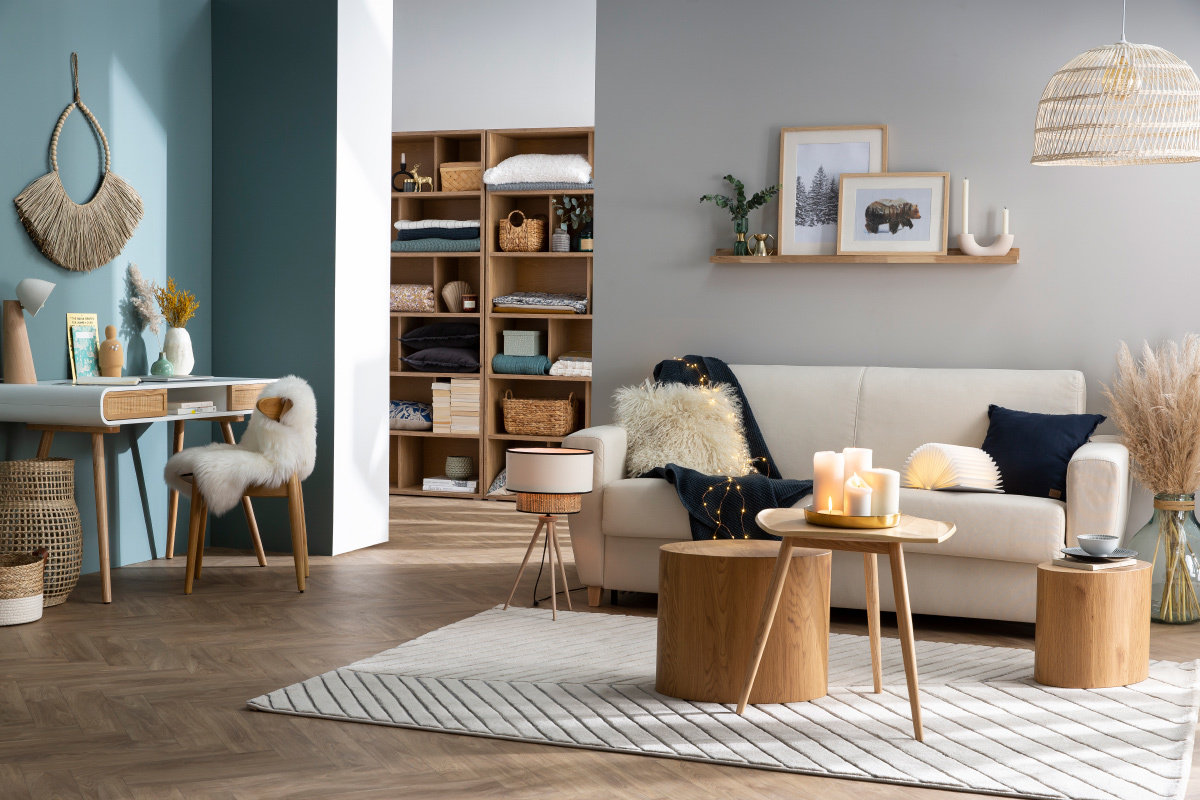 Sof convertible nrdico azul petrleo y madera GRAHAM