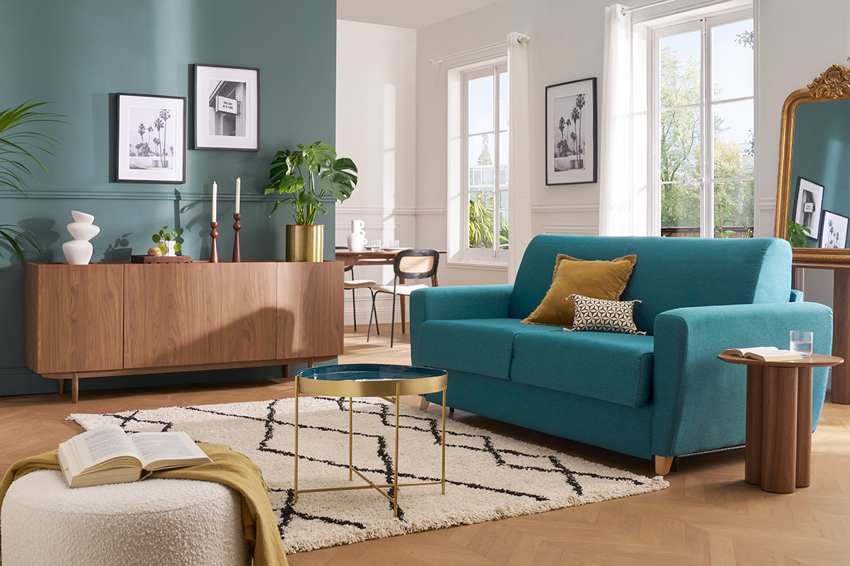 Sof convertible nrdico azul petrleo y madera GRAHAM