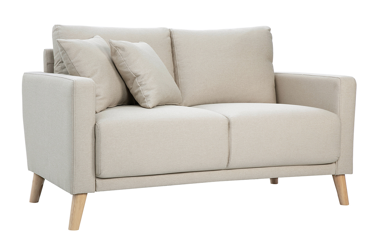 Sof de 2 plazas de tela beige y madera clara MUNIK