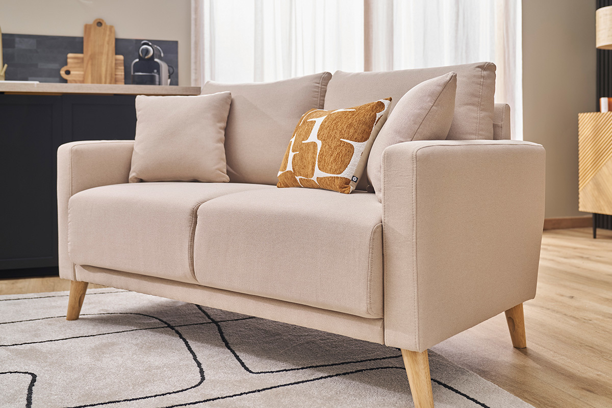 Sof de 2 plazas de tela beige y madera clara MUNIK