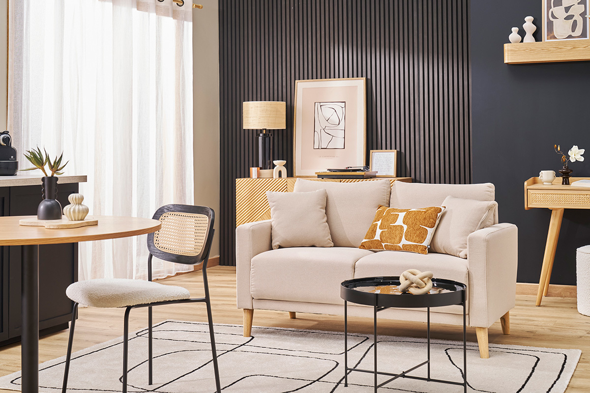 Sof de 2 plazas de tela beige y madera clara MUNIK