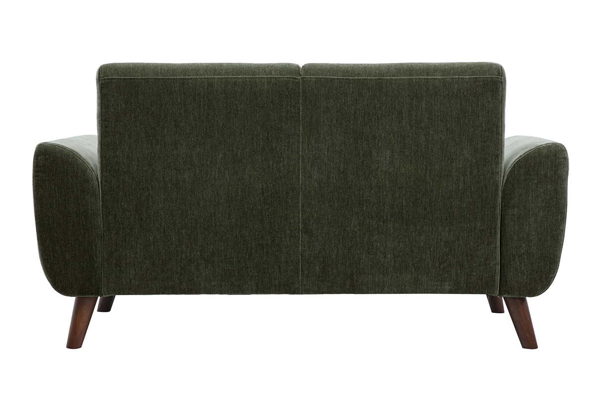 Parte trasera del sof� de 2 plazas EKTOR en tejido verde caqui con patas de madera oscura, vista trasera.