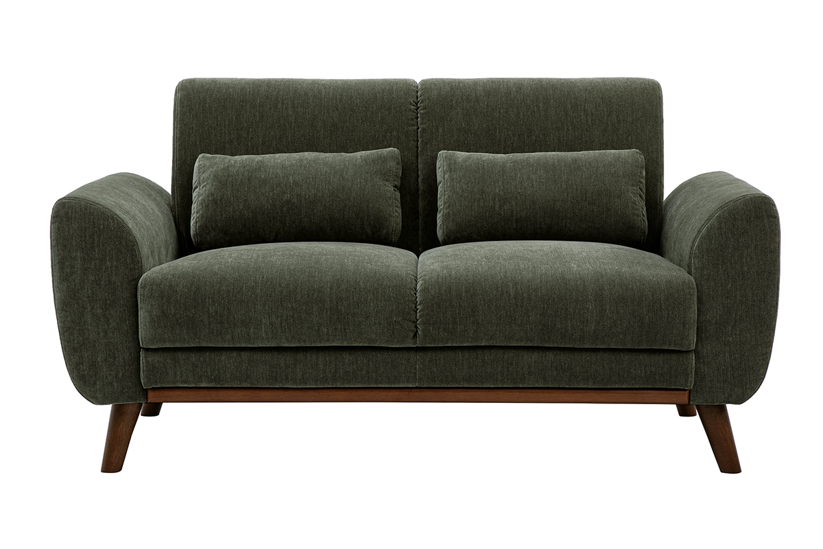 Canap� de 2 plazas en tejido con efecto terciopelo texturizado verde caqui con patas de madera oscura, vista frontal.
