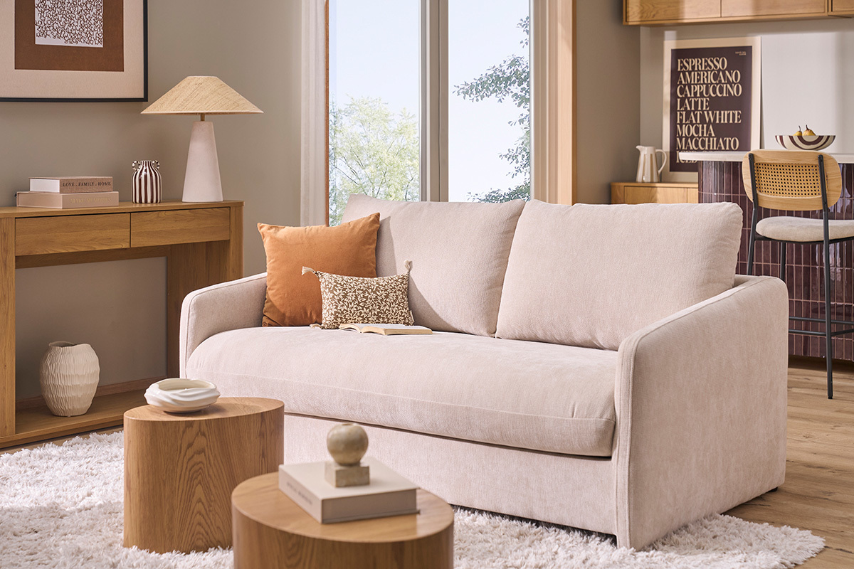 Sof� de 2 plazas en tejido con efecto terciopelo texturizado beige PAULIN