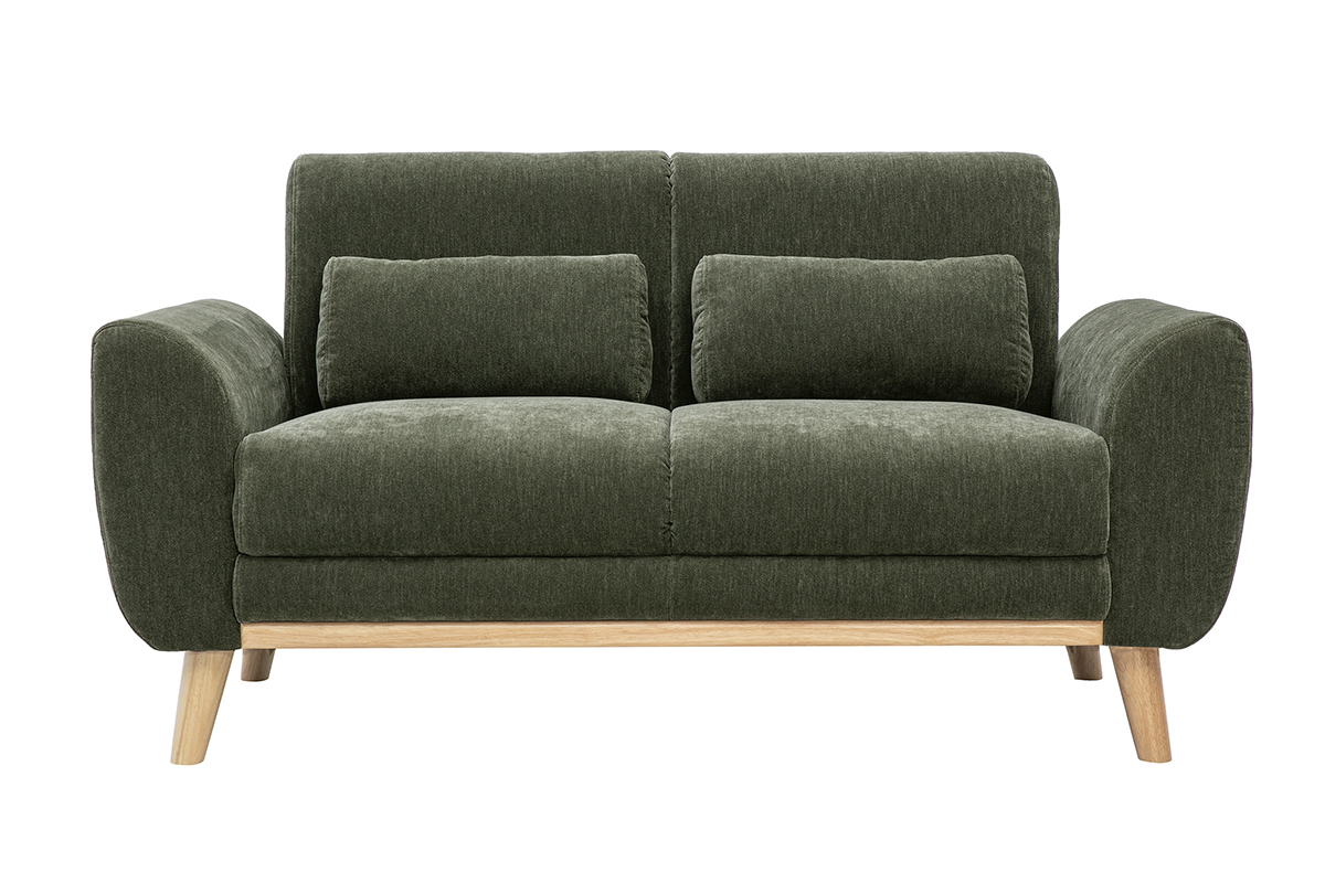 Sof� de 2 plazas en tela efecto terciopelo verde caqui con cojines, vista frontal.