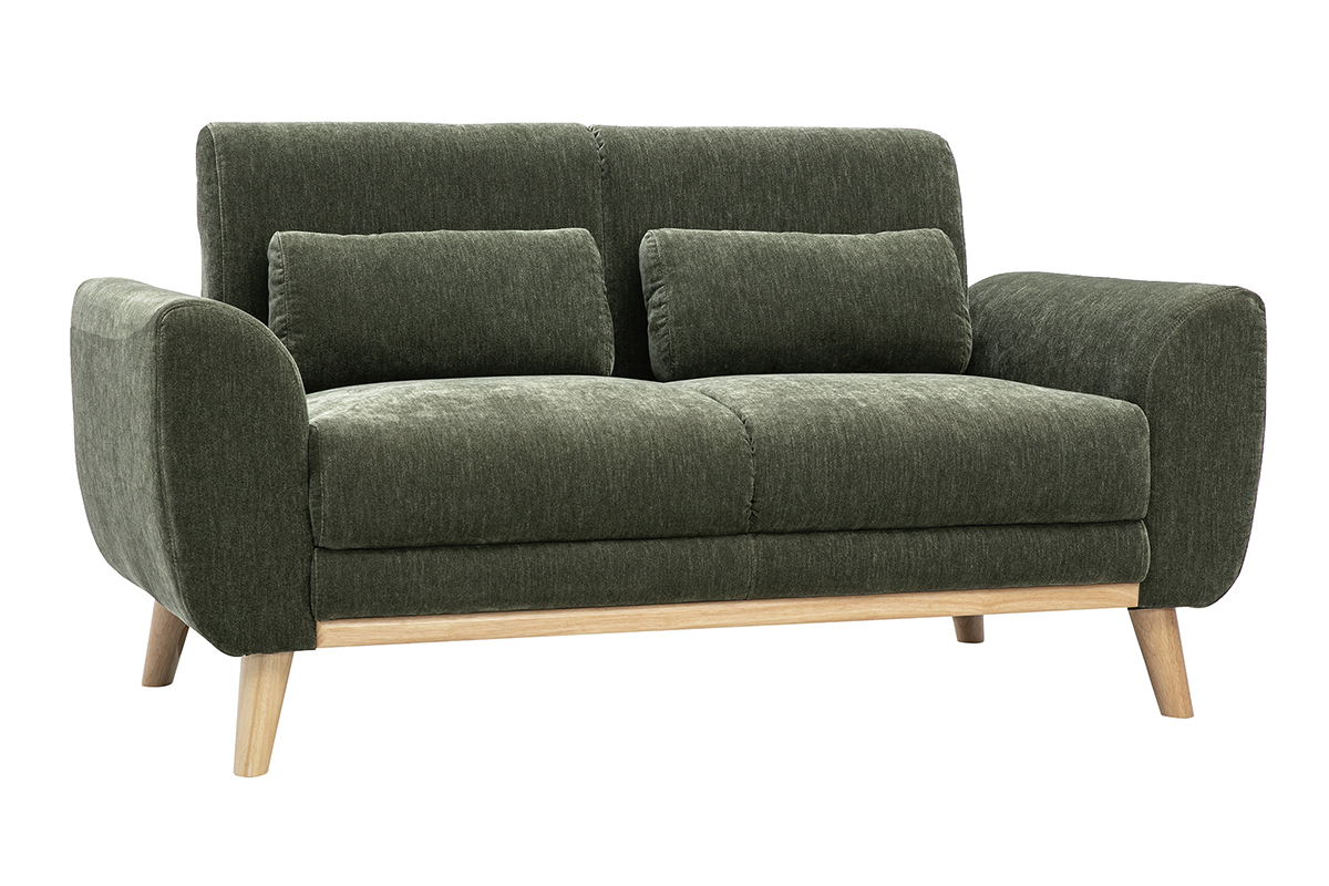 Sof� de 2 plazas en tejido efecto terciopelo verde caqui con cojines, patas de madera clara