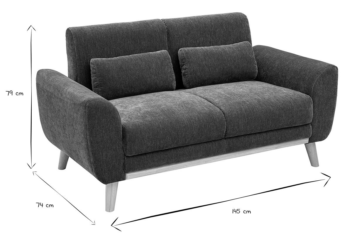 Dimensiones del sof� de 2 plazas: 145 cm de ancho, 74 cm de profundidad, 79 cm de altura, en blanco y negro.