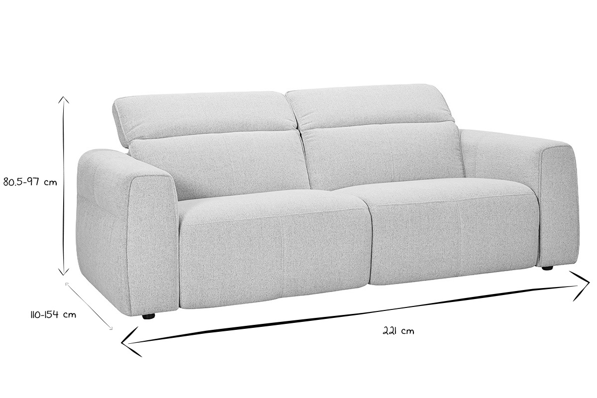 Dimensiones del sof� de 3 plazas Avoriaz en negro y blanco, L221 x P110-154 x H80,5-97 cm.