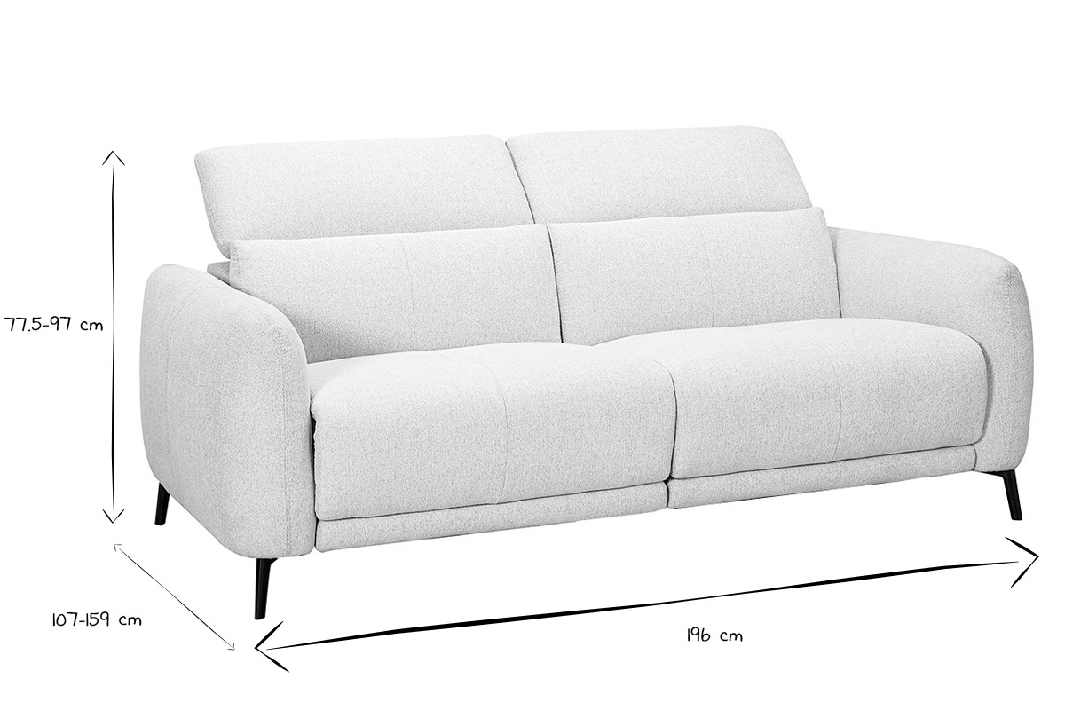 Dimensiones del sof� de 3 plazas TIGNES en negro y blanco, L196 x P107-159 x H77,5-97 cm.