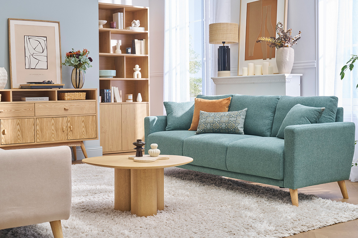 Sof� de 3 plazas de tela verde gris y madera clara MUNIK