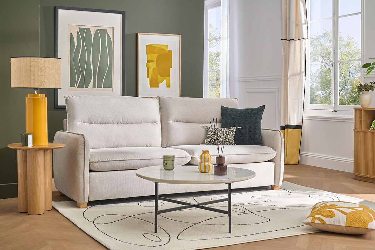 Sof� de 3 plazas en tejido efecto terciopelo texturizado beige RENZO