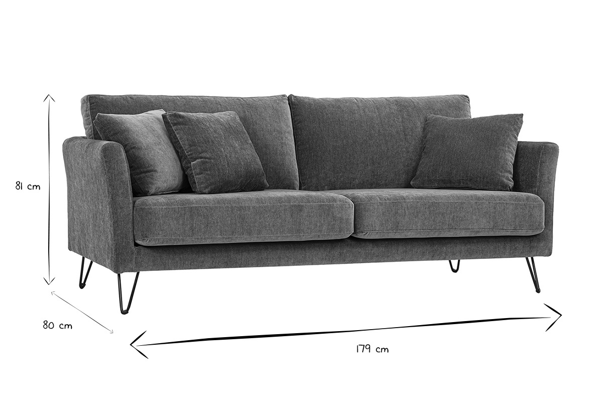 Dimensiones del sof� de 3 plazas OSLO: L179 x P80 x H81 cm en negro y blanco.