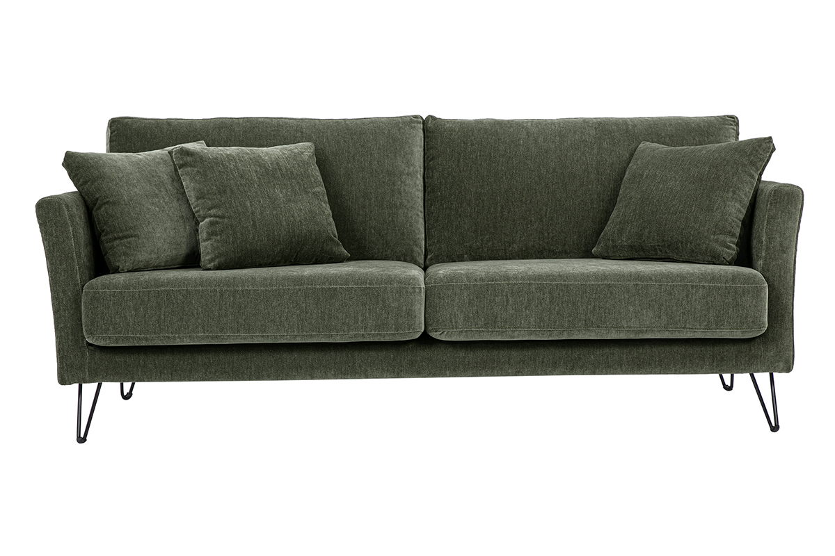 Sof� de 3 plazas de tela con efecto terciopelo verde caqui con cojines, vista frontal