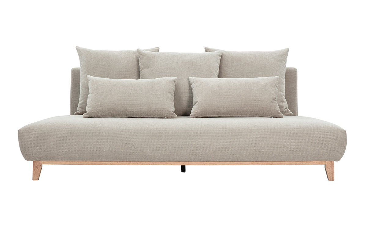 Sof� de 3 plazas de tela chenilla beige con patas de madera clara, vista frontal.