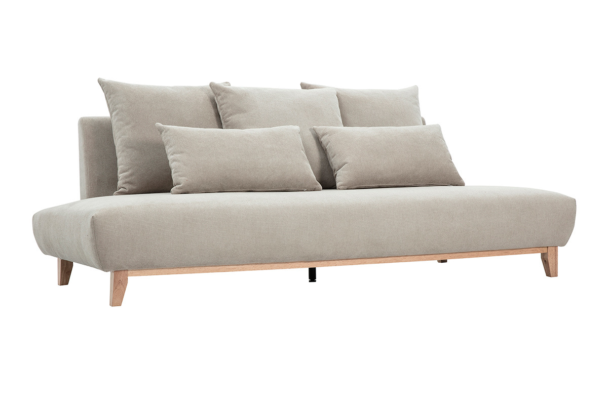 Sof� de 3 plazas beige de tela chenilla con patas de madera clara, vista de 3/4.