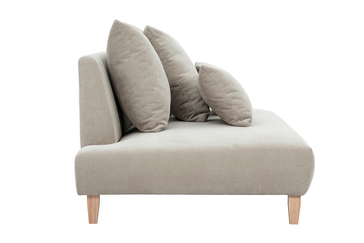 Sof� de 3 plazas beige de tela de chenilla con patas de madera clara, vista lateral.