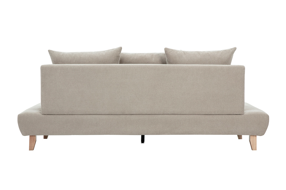 Vista trasera de sof� de 3 plazas beige de tela de chenilla con patas de madera clara.