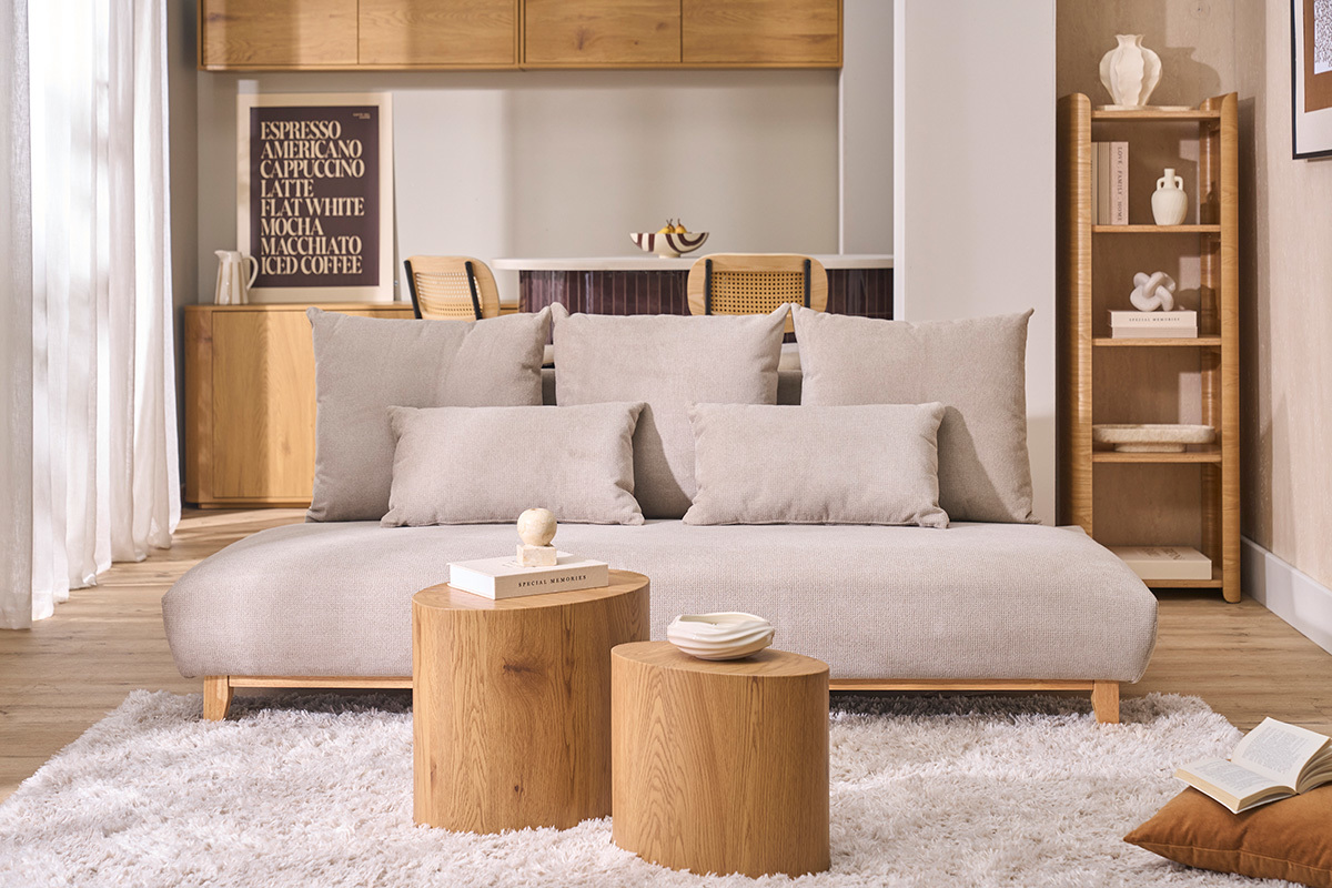 Sof� de 3 plazas en tela chenilla beige y madera clara L201 cm BASTILLE