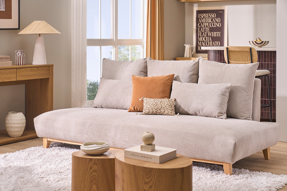 Sof� de 3 plazas en tela chenilla beige y madera clara L201 cm BASTILLE