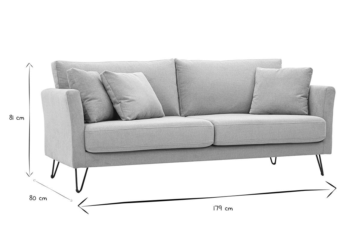 Dimensiones del sof� de 3 plazas OSLO en blanco y negro: An179 x Pr80 x Al81 cm.