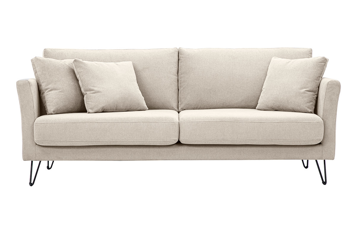 Sof� de 3 plazas en tejido de chenilla beige con tres cojines, vista frontal