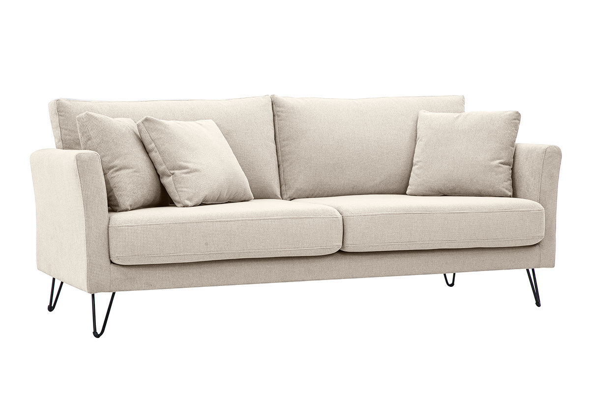 Sof� de 3 plazas en tejido de chenilla beige con cojines, vista de 3/4