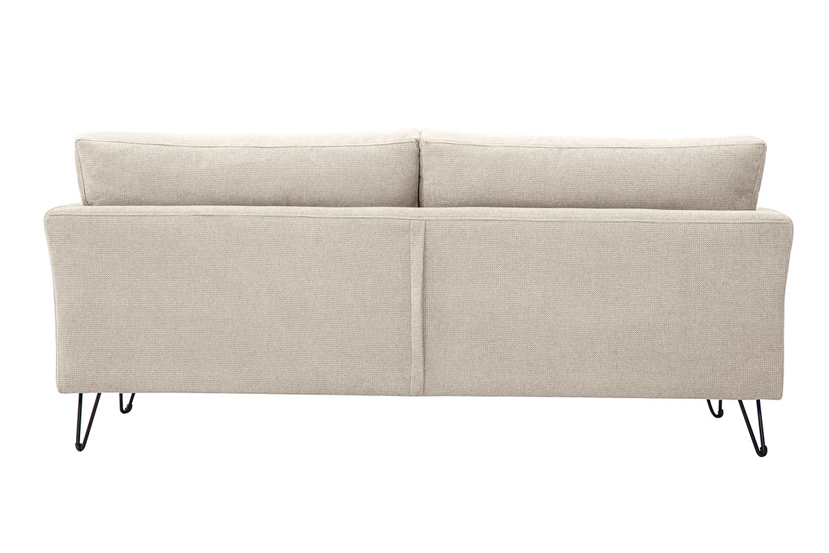 Sof� de 3 plazas OSLO en tejido chenilla beige, vista trasera con reposabrazos rectos y patas de metal negro.