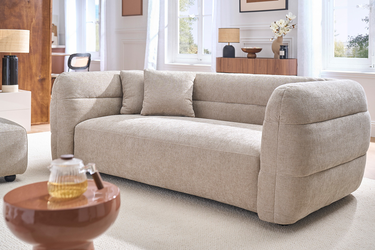 Sof� de 3 plazas en tela efecto terciopelo texturizado beige JOYA