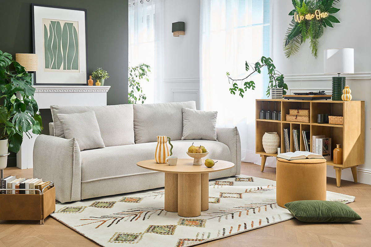 Sof� de 3 plazas en tela efecto terciopelo texturizado beige PIO