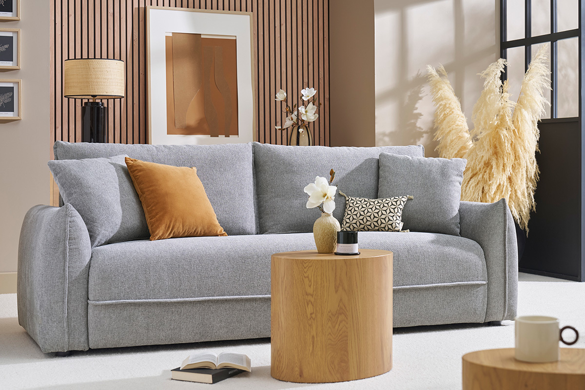 Sof de 3 plazas en tela efecto terciopelo texturizado gris PIO