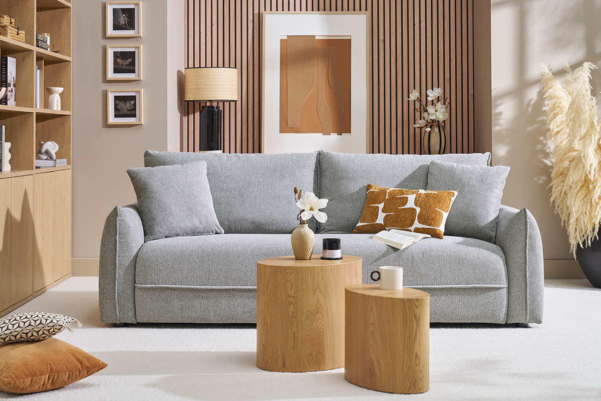 Sof de 3 plazas en tela efecto terciopelo texturizado gris PIO