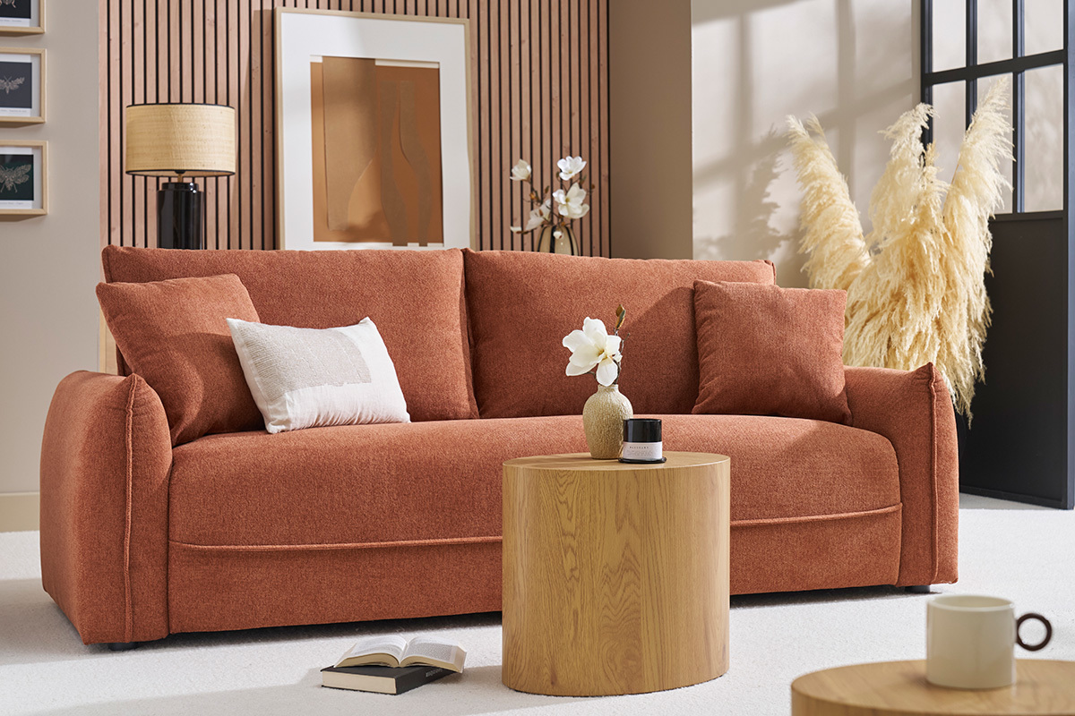 Sof de 3 plazas en tela efecto terciopelo texturizado tierra quemada PIO