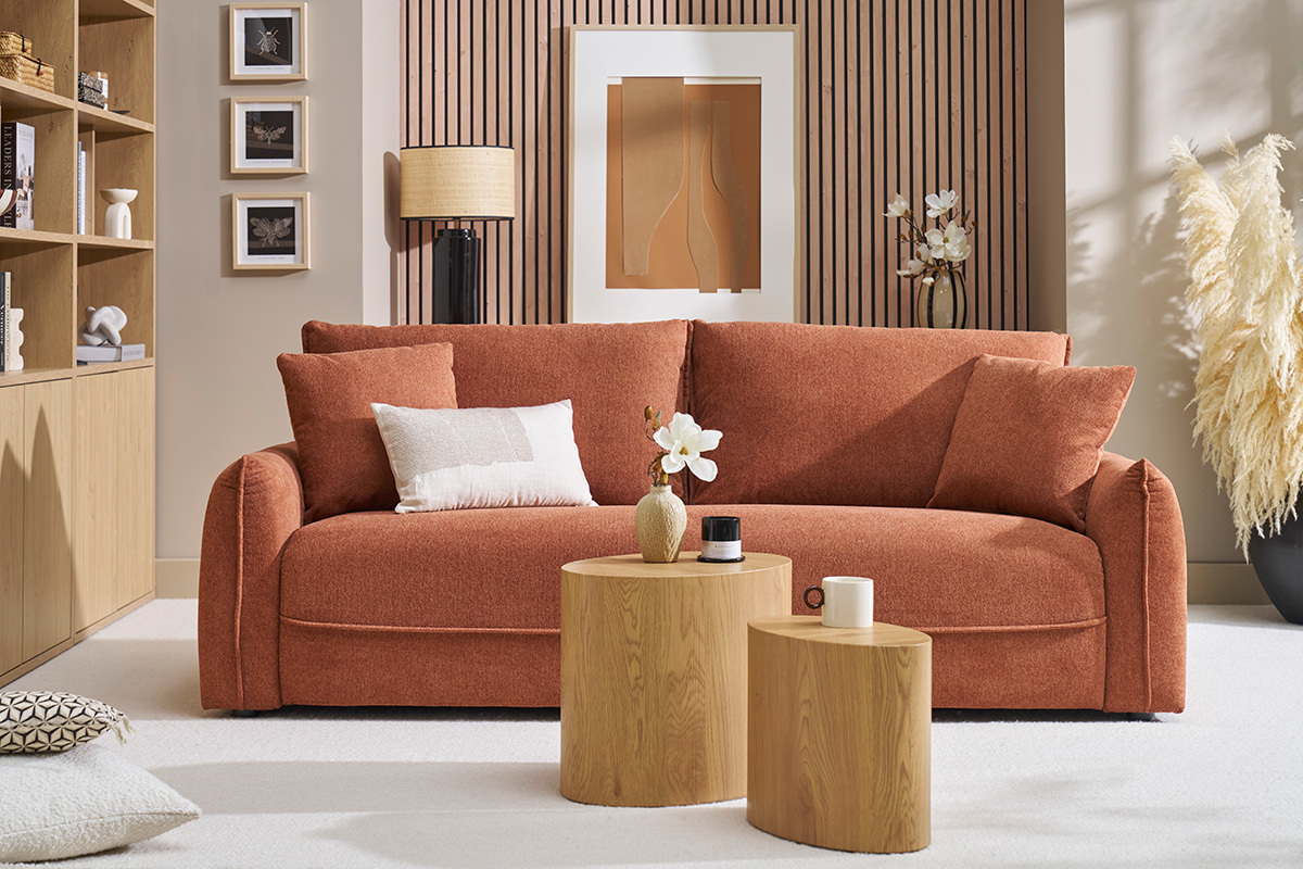 Sof de 3 plazas en tela efecto terciopelo texturizado tierra quemada PIO