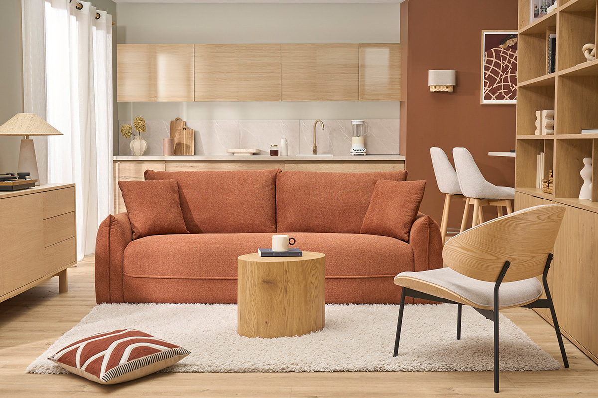 Sof� de 3 plazas en tela efecto terciopelo texturizado tierra quemada PIO