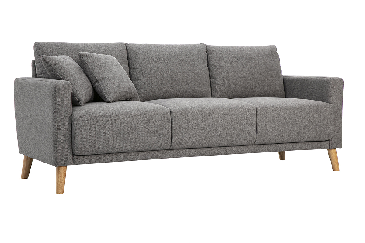 Sof� de 3 plazas de tela gris con patas de madera, vista de 3/4.