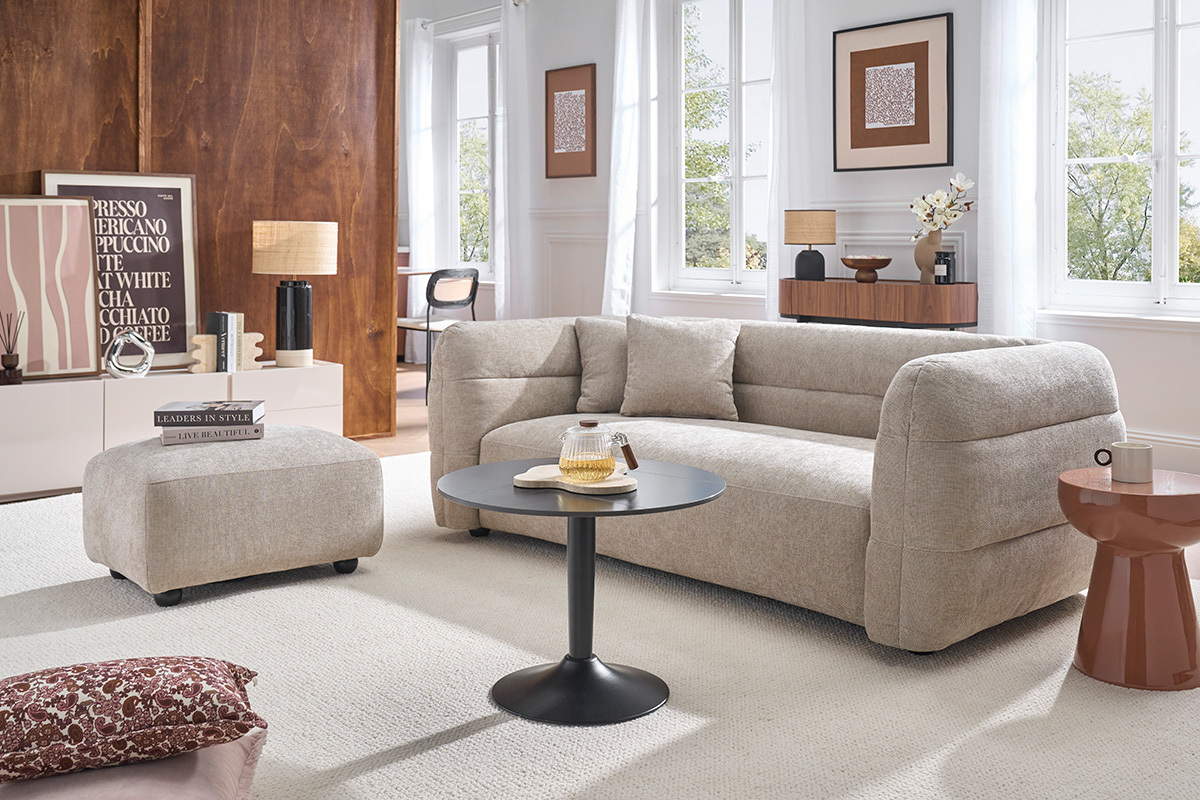 Sof� de 3 plazas y reposapi�s en tejido efecto terciopelo texturizado beige JOYA