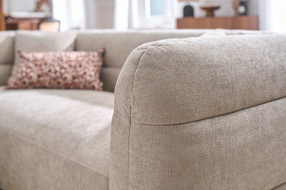 Sof� de 3 plazas y reposapi�s en tejido efecto terciopelo texturizado beige JOYA