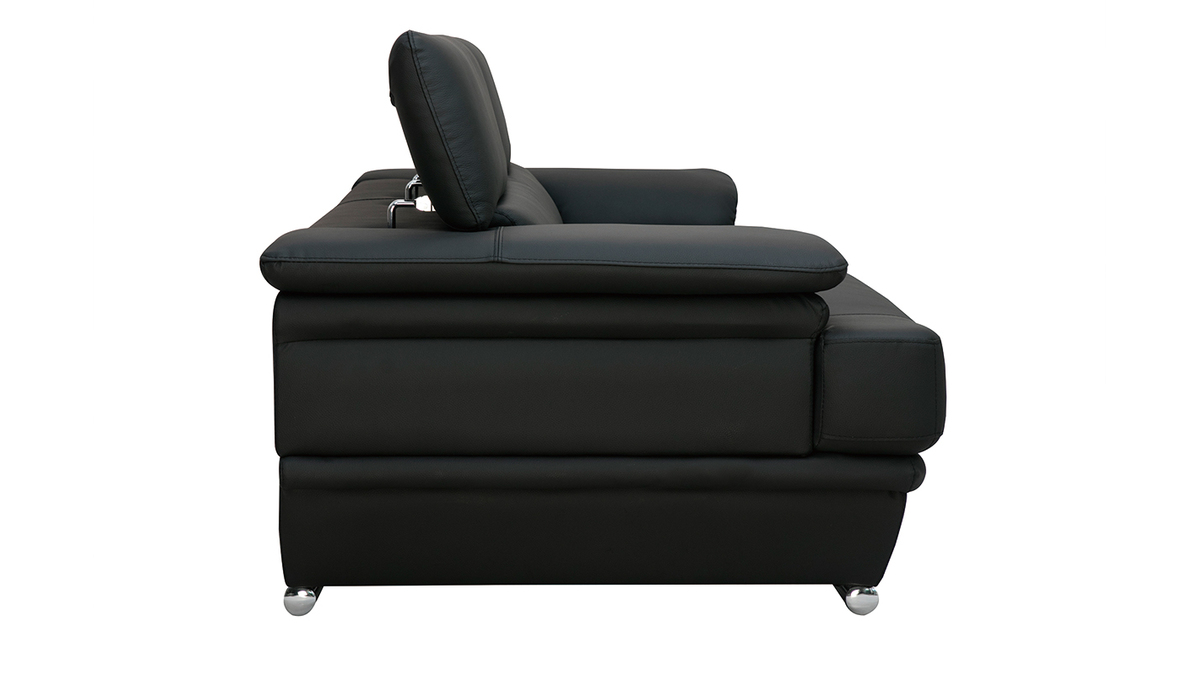 Sofá de cuero diseño tres plazas con cabeceros ajustables negro EWING