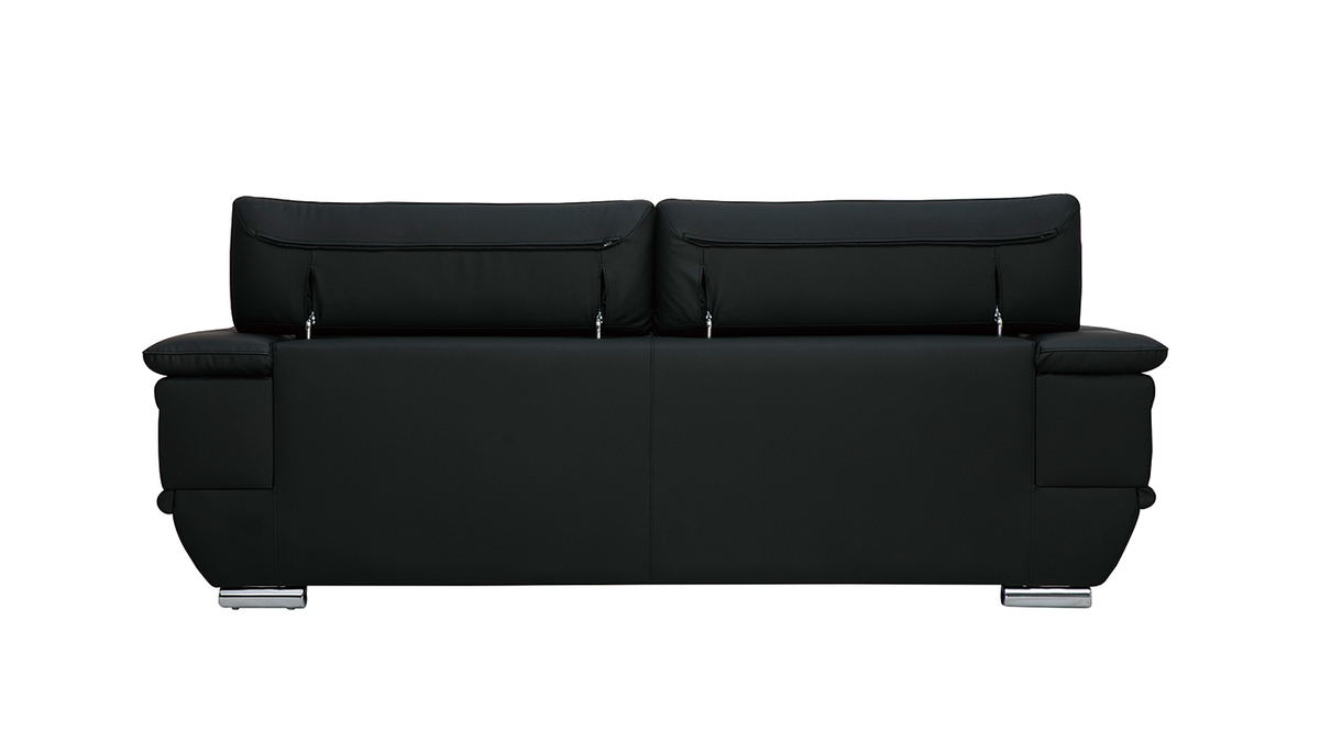 Sofá de cuero diseño tres plazas con cabeceros ajustables negro EWING