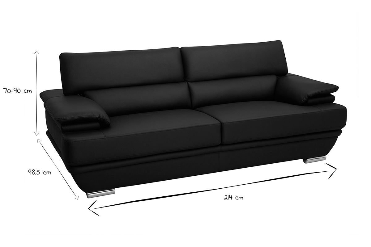 Sof de cuero diseo tres plazas con cabeceros ajustables negro EWING