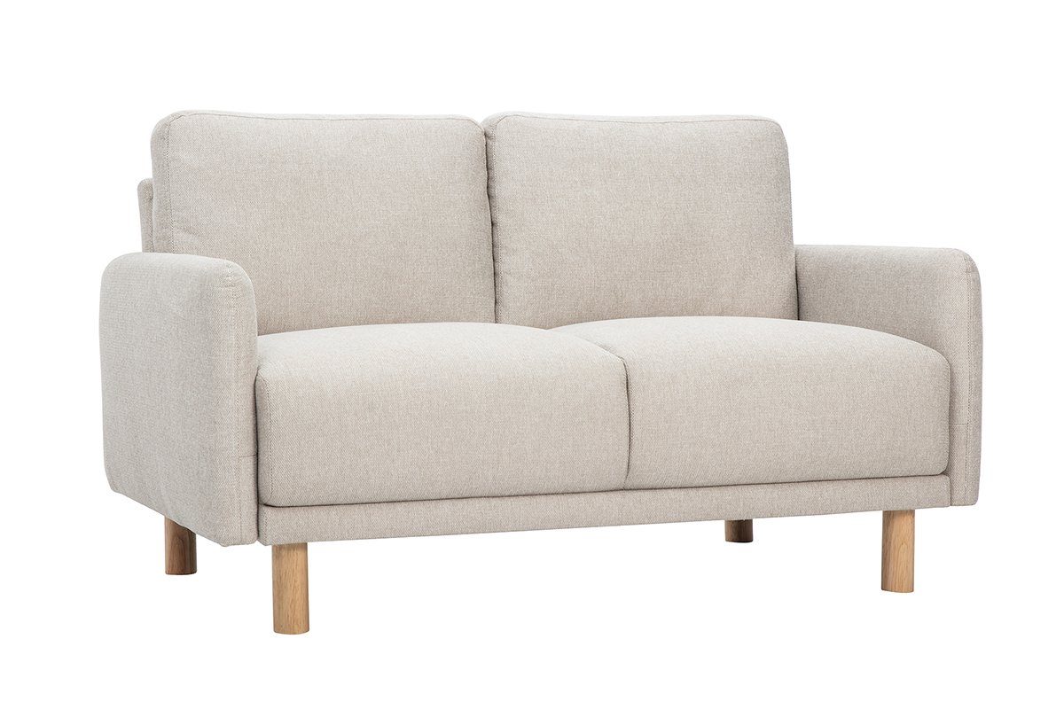 Sof� de 2 plazas en tela beige efecto terciopelo y patas de madera clara, vista de 3/4.