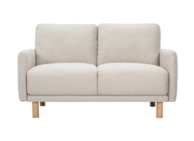 Sof&aacute; de dise&ntilde;o 2 plazas en tela efecto terciopelo texturizado beige y madera clara BONO
