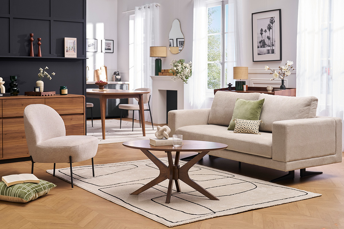 Sof de diseo 3 plazas en tela chenilla beige y metal negro LENNON
