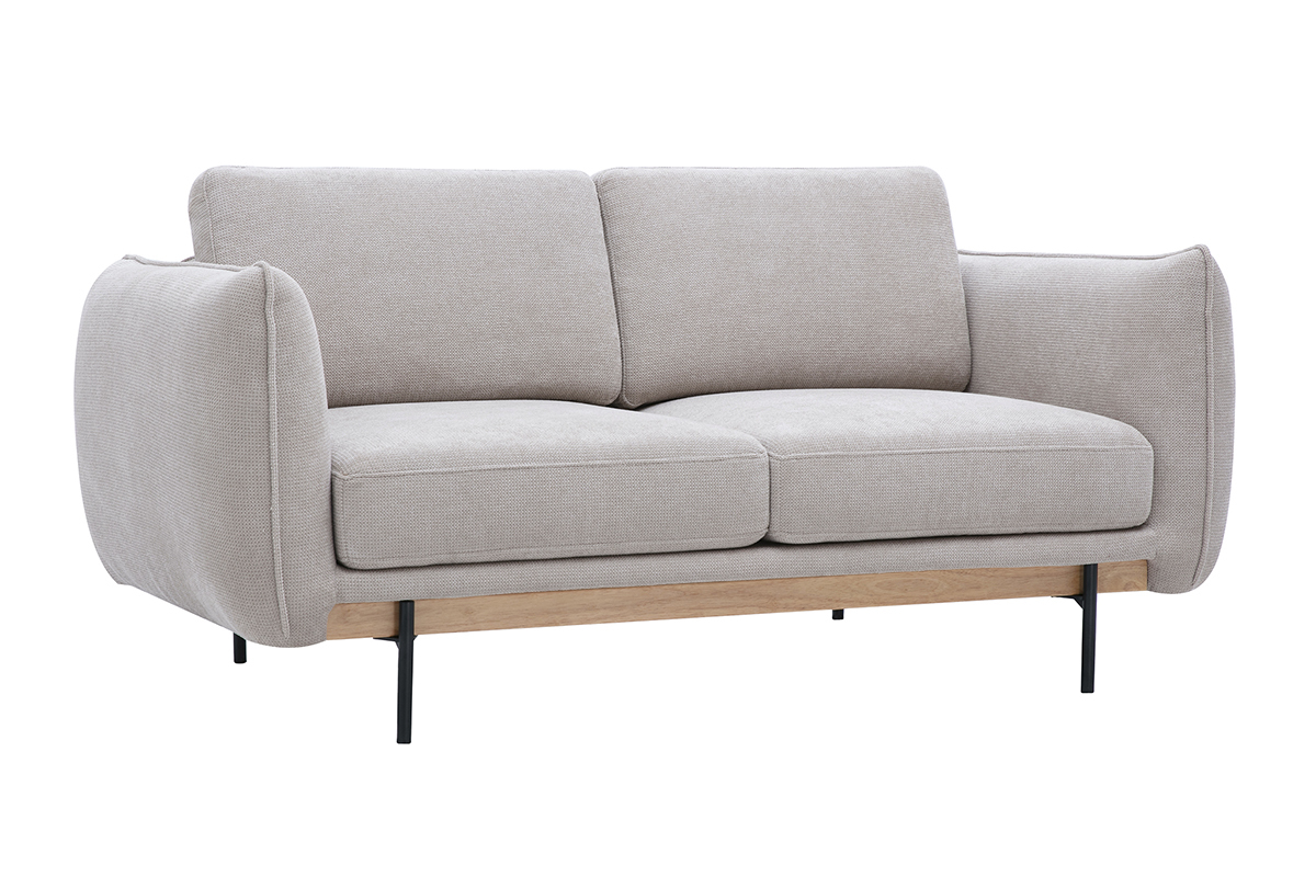Sof� de dise�o de 2 plazas en tejido de chenilla beige y metal negro, vista en tres cuartos.