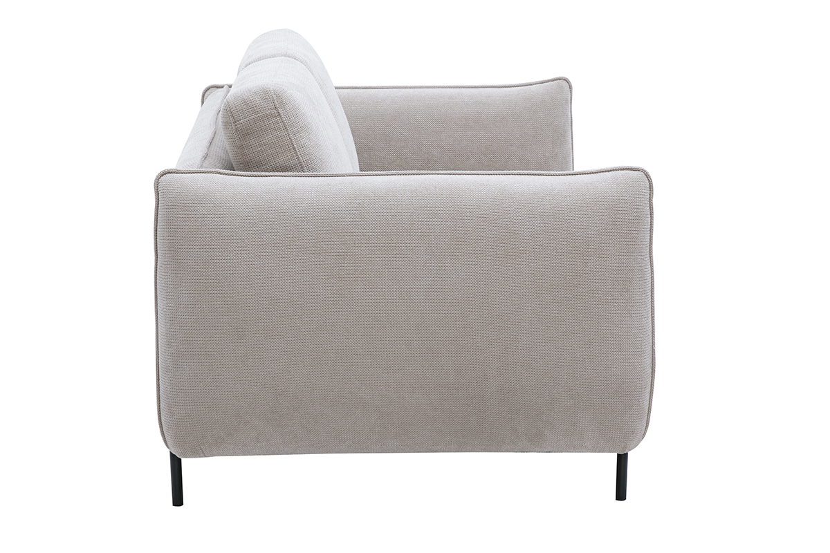 Sof� de dise�o de 2 plazas en tejido chenilla beige, vista de perfil con patas de metal negro.