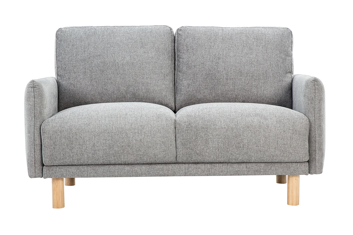 Sof� de 2 plazas de tela efecto terciopelo gris, patas de madera clara, vista frontal.
