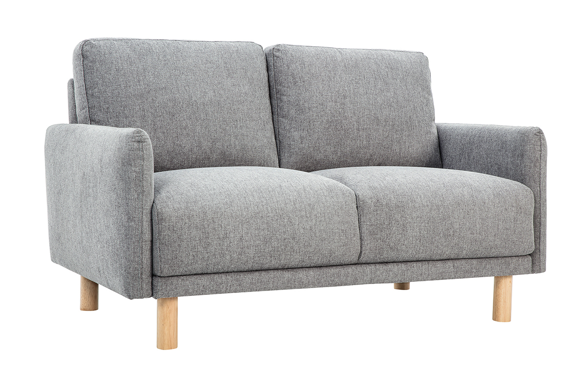 Sof� de 2 plazas de tela gris y madera clara, vista de tres cuartos.